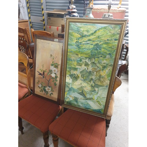 384 - 2 Paintings depicting forest scene & oriental bird scene