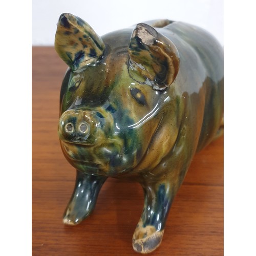 103 - Possible Scottish Pottery Majolica Style Pig Bank No Visible Markings (Ear Re Glued Long Time Ago)