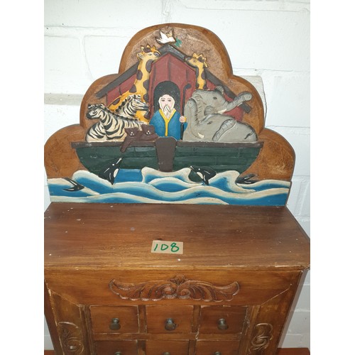 108 - Small Wooden Carved Cabinet With Hand Painted Decoration To Top 73 x 36x 16 cms