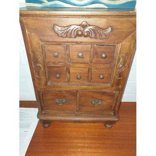 108 - Small Wooden Carved Cabinet With Hand Painted Decoration To Top 73 x 36x 16 cms