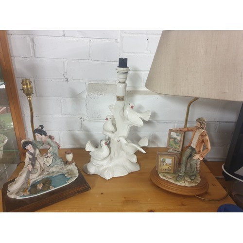 214 - 3 Assorted Ornamental Table Lamps Artist Painting, Doves And Oriental Geisha Ladies