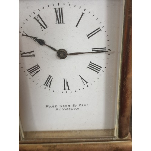 89 - Lovely Little Solid Brass Carridge Clock Page Keen And Page Plymouth No Key But Winds And Ticks Well... 