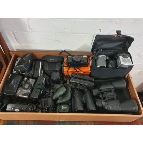 120 - Large Tray Of Binoculars, Cameras to Include Canon Olympus etc