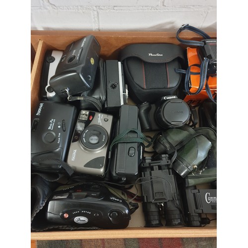 120 - Large Tray Of Binoculars, Cameras to Include Canon Olympus etc