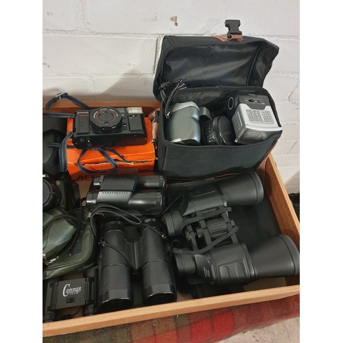 120 - Large Tray Of Binoculars, Cameras to Include Canon Olympus etc