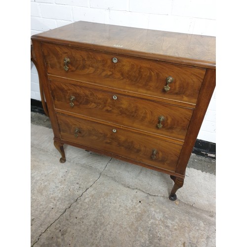 213 - Early 1900s 3 Drawer Chest With Burr Wanut Style Front Mother Of Pearl Lock Inlays And Brass Drop Ha... 