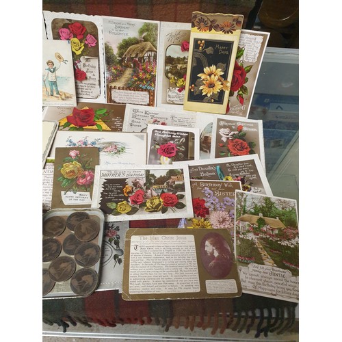 163 - A Selection Of Post Cards , Birthday Cards, Christmas Cards Victorian Coins Ect