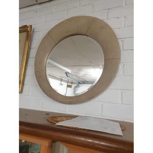 202 - Large Good Quality Round Bevelled Edge Mirror With Suede Surround 70cms Diameter