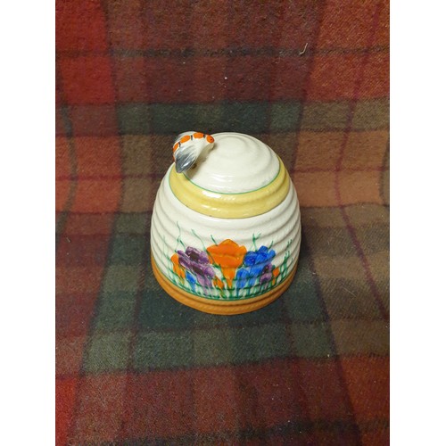 144 - Beautiful Clarice Cliff Crocus Pattern Deco Honey Pot With Cover Signed To Base