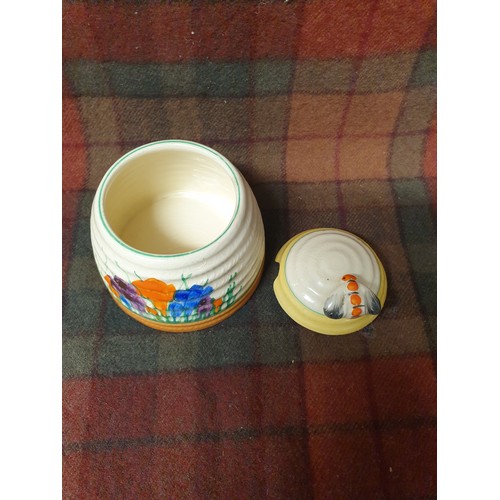 144 - Beautiful Clarice Cliff Crocus Pattern Deco Honey Pot With Cover Signed To Base