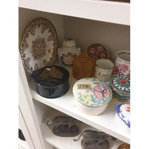 178 - Shelf Of Collectables Trinket Boxes To Include Limoges, Dresden Russian Lidded Dish, Scottish Pipers... 