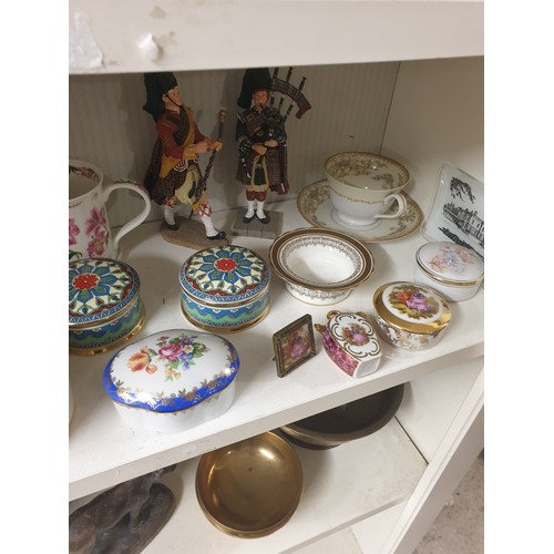 178 - Shelf Of Collectables Trinket Boxes To Include Limoges, Dresden Russian Lidded Dish, Scottish Pipers... 