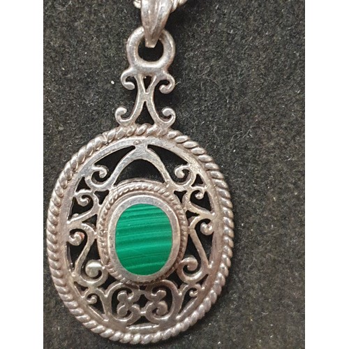 7 - Large Silver Pendant With Central Green Stone With Good Quality Silver Chain