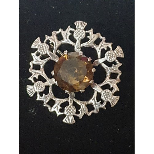 9 - Beautiful Silver Scottish Celtic Thistle Brooch With Smokey Quartz Large Stone