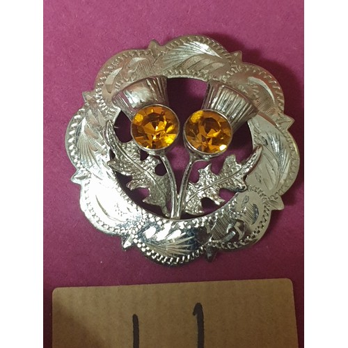 11 - Silver Hallmarked Scottish Double Thistle Brooch With Amber Stones Makers Mark WBs