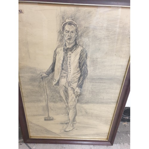 182 - Large Early 1900s Charcoal Drawing The Croquet Player 78 x54 cm Unsigned