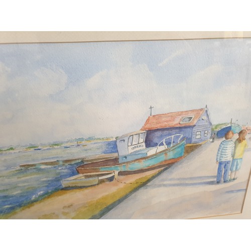 186 - Watercolour Of Children walking Along Harbour  Unsigned