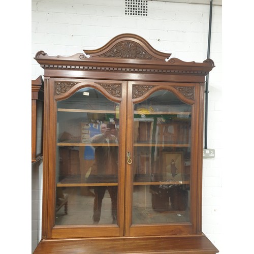 216 - Large Victorian Bookcase Dresser With Ornate Carvings To Front 2 Drawer 2 Door Locking Base 240 Heig... 