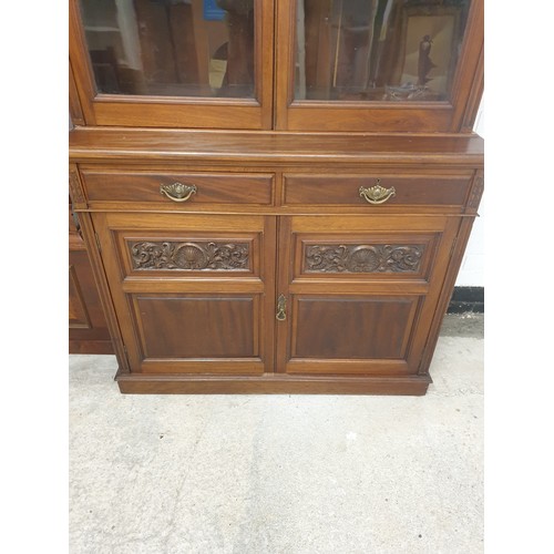 216 - Large Victorian Bookcase Dresser With Ornate Carvings To Front 2 Drawer 2 Door Locking Base 240 Heig... 