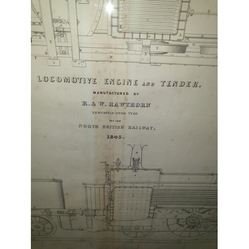 199D - Locomotive Engine And Tender Plan Drawing/ Engraving By North British Railway 1845 After J W Lowry M... 