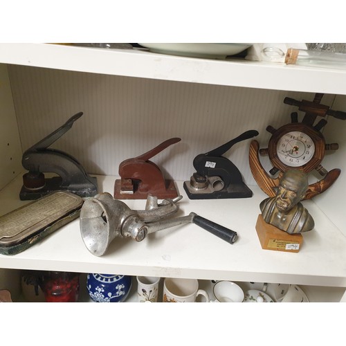 294 - Shelf Of Collectables Franking Machines, Clock, Mincer, Rolls Razor etc