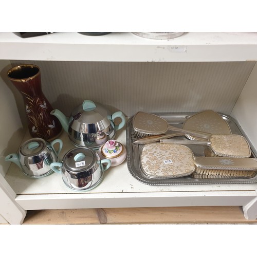 313 - Shelf Of Collectables Including 3 Piece Art Deco Tea Sey Dressing Table Brush Sets Etc