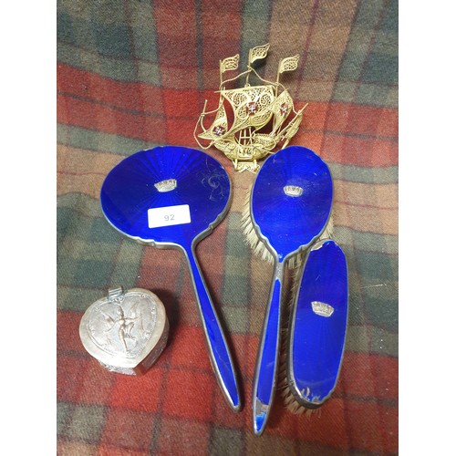 92 - Blue Enamel And White Metal Dressing Table Set, Tibetan Snuff Box And Filligree Boat