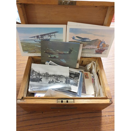 162 - Wooden Box Of Vintage Post Cards Etc