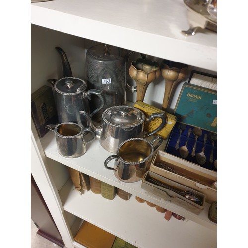 153 - Shelf Of Plated Ware Advertising Tins Cutlery Etc