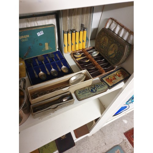 153 - Shelf Of Plated Ware Advertising Tins Cutlery Etc