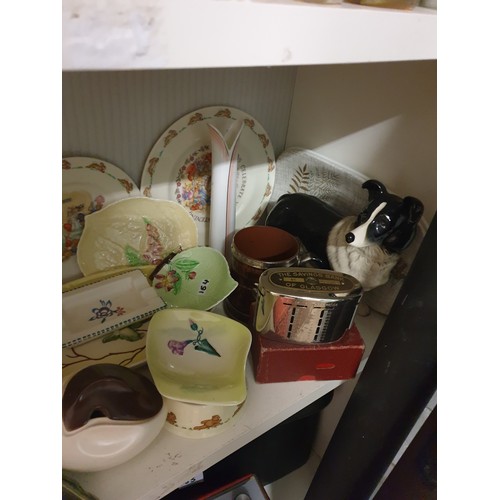 154 - Shelf Of Collectables Carlton Ware, Poole Pottery, Bunnikins Savings Bank Of Glasgow Coopercraft Dog... 