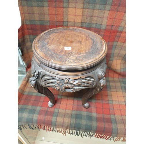 102 - Oriental Carved Wood Plant Stand 35 cm Tall 36 Cm Diameter