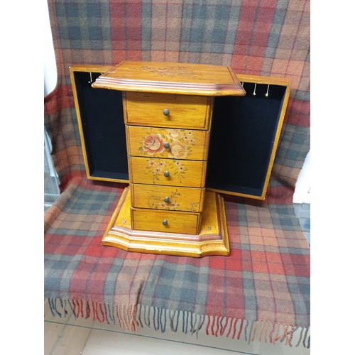 108 - Ladies Hand Painted Wooden Jewellery Box In Shape Of Chest Of Drawers 40 cm High 31 Cms Length