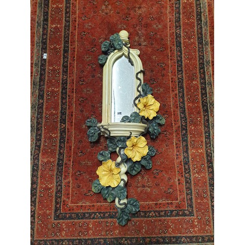 109 - Large Wall Shelf Mirror With Hand Painted Flowers And Mirrored Domed Top Repaired