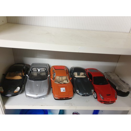 82 - 5 Large Scale Sports Cars And Crystal Jaguar On Wooden Plinth