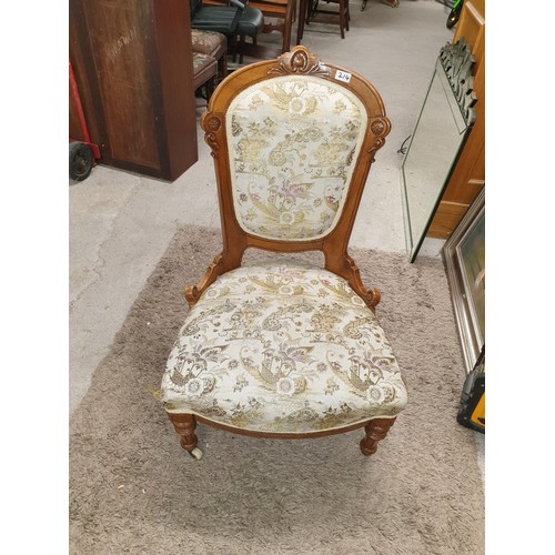 214 - Ladies Victorian Spoon Back Chair With Chinoiserie Pattern Upholstery