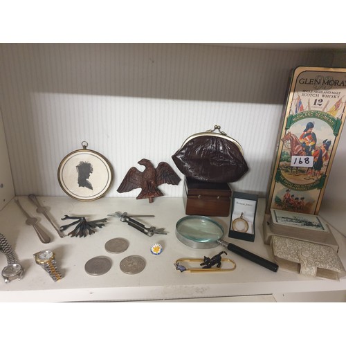 168 - Shelf Of Collectables To Include Watches, Whisky Tin, Eel Skin Purse Cards, Barrow Scoops Coins  etc