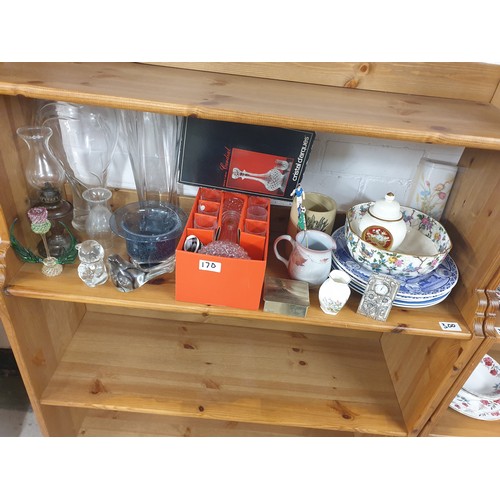 170 - Large Shelf Of Collectables etc Denby, Aynsley, Chintz, Oil Lamp EP Card Box paperweights etc