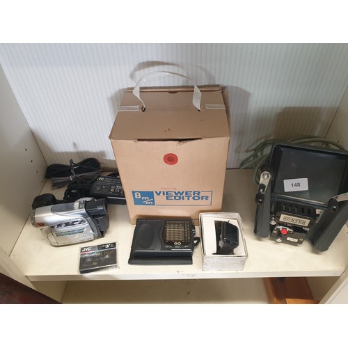 148 - JVC Digital Cam Corder With Accessories and World Reciever Radio With Vintage Hunter 8 mm Viewer and... 