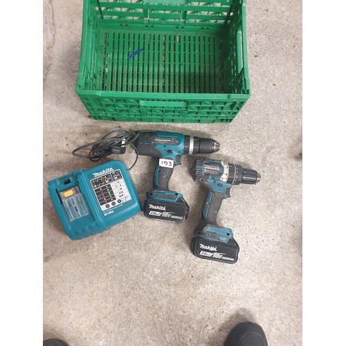 193 - 2 Makita Curdless Drills With Lithium Batteries And Heavy Duty Charger