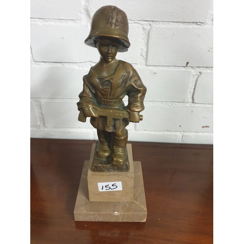 155 - Bronze Statue Of Small Boy Dressed Up In Military Uniform Signed L Mileta 33 cms Tall