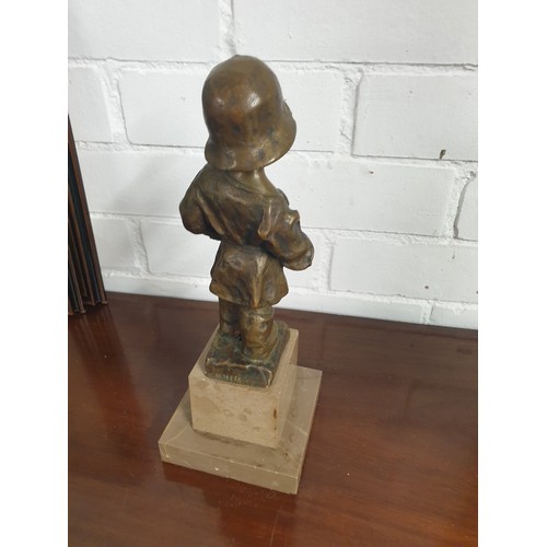 155 - Bronze Statue Of Small Boy Dressed Up In Military Uniform Signed L Mileta 33 cms Tall