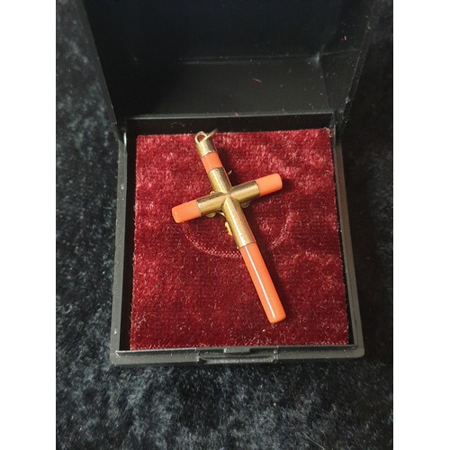 16 - 9ct Gold And Coral Cross