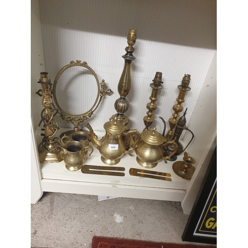 85A - Large Shelf Of Heavy Brass Items etc