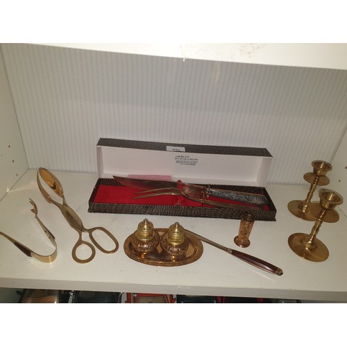 63A - Shelf Of Brass Ware And Niello Silver Overlaid Handle Knife