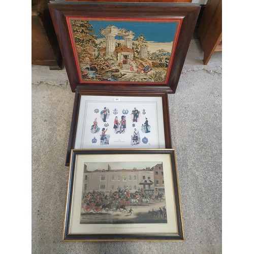 417 - Large Wool Work Tapestery Military Picture And Hand Tinted Engraving