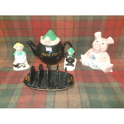 107 - Wade Andy Capp Tea Pot Toast Rack And Cruet Set Including Wade Pig Bank (Nat West)