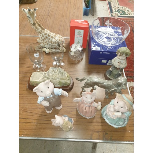 189 - A Shelf Of Collectables; Giraffe, Castle, Pigs,EPNS Dog, Boy Fig, Crystal & Glass Ware etc