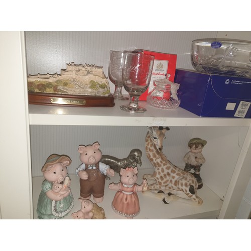 189 - A Shelf Of Collectables; Giraffe, Castle, Pigs,EPNS Dog, Boy Fig, Crystal & Glass Ware etc