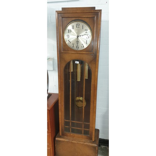 90 - An Oak Cased Art Deco Style Grandfather Clock With Pendulum And Weights ticks Needs Service